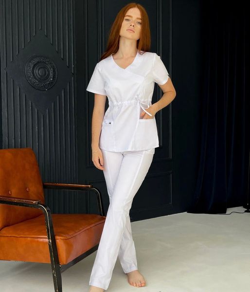 Жіночий медичний костюм Мікато білий зі штанами Слімс 03967 фото