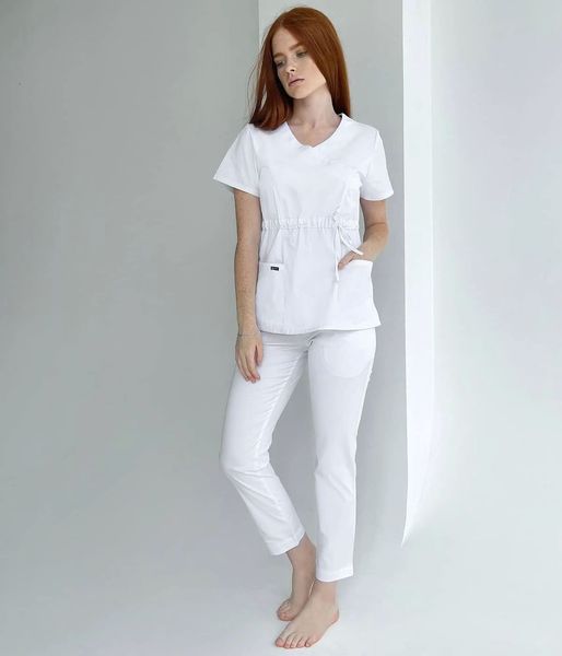 Жіночий медичний костюм Мікато білий зі штанами Чинос 53064 фото