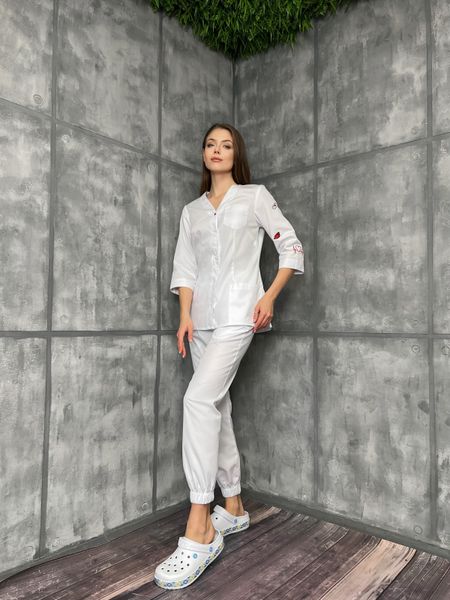 Жіночий медичний костюм Муза Тату білий зі штанами Джоггер 9560 фото